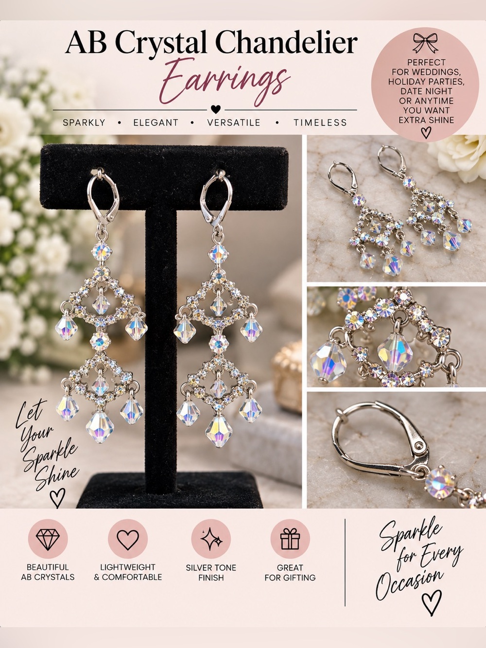 AB Crystal Chandelier Earrings 3” Drop Silver Tone Leverback
